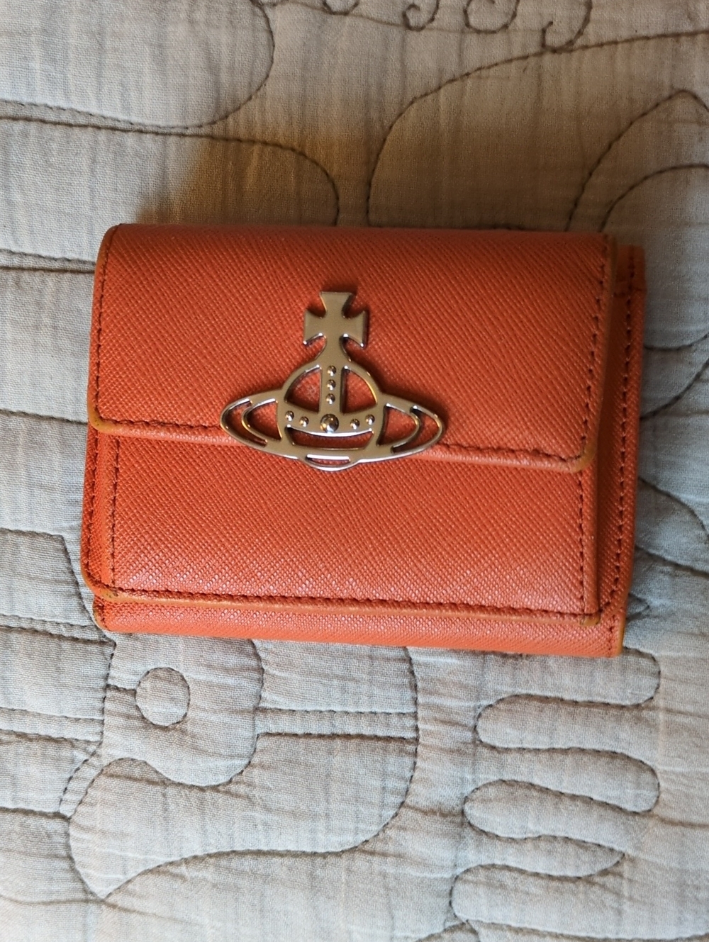 Vivienne Westwood Orange Saffiano Leather Trifold Wallet with Orb Hardware